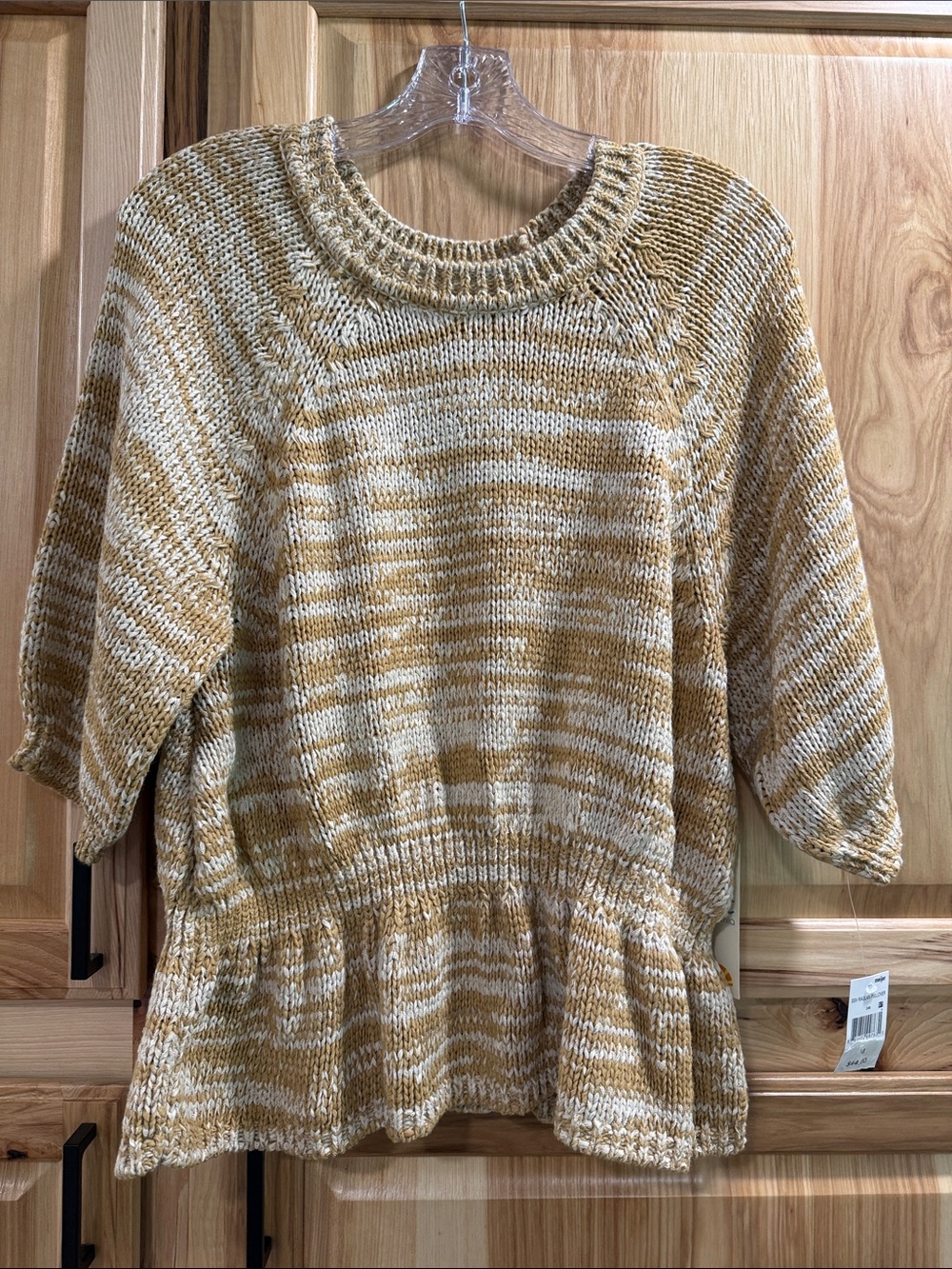 NWT C&C California Size M Marled Tan Cream Peplum Short Sleeve Knit Sweater